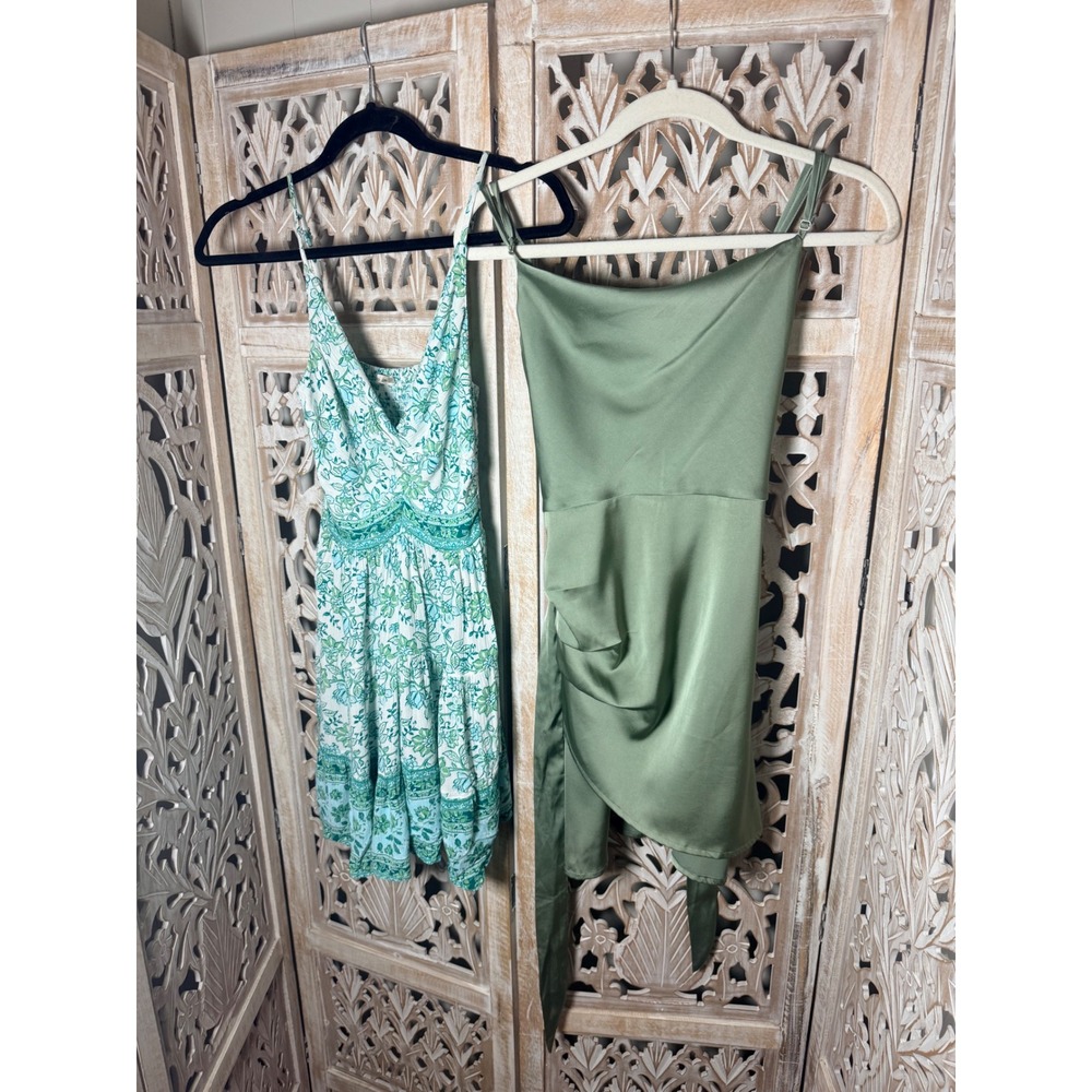Mi Ami Floral Boho & Altar'd State Olive Satin Mini Dress Bundle Green XS
